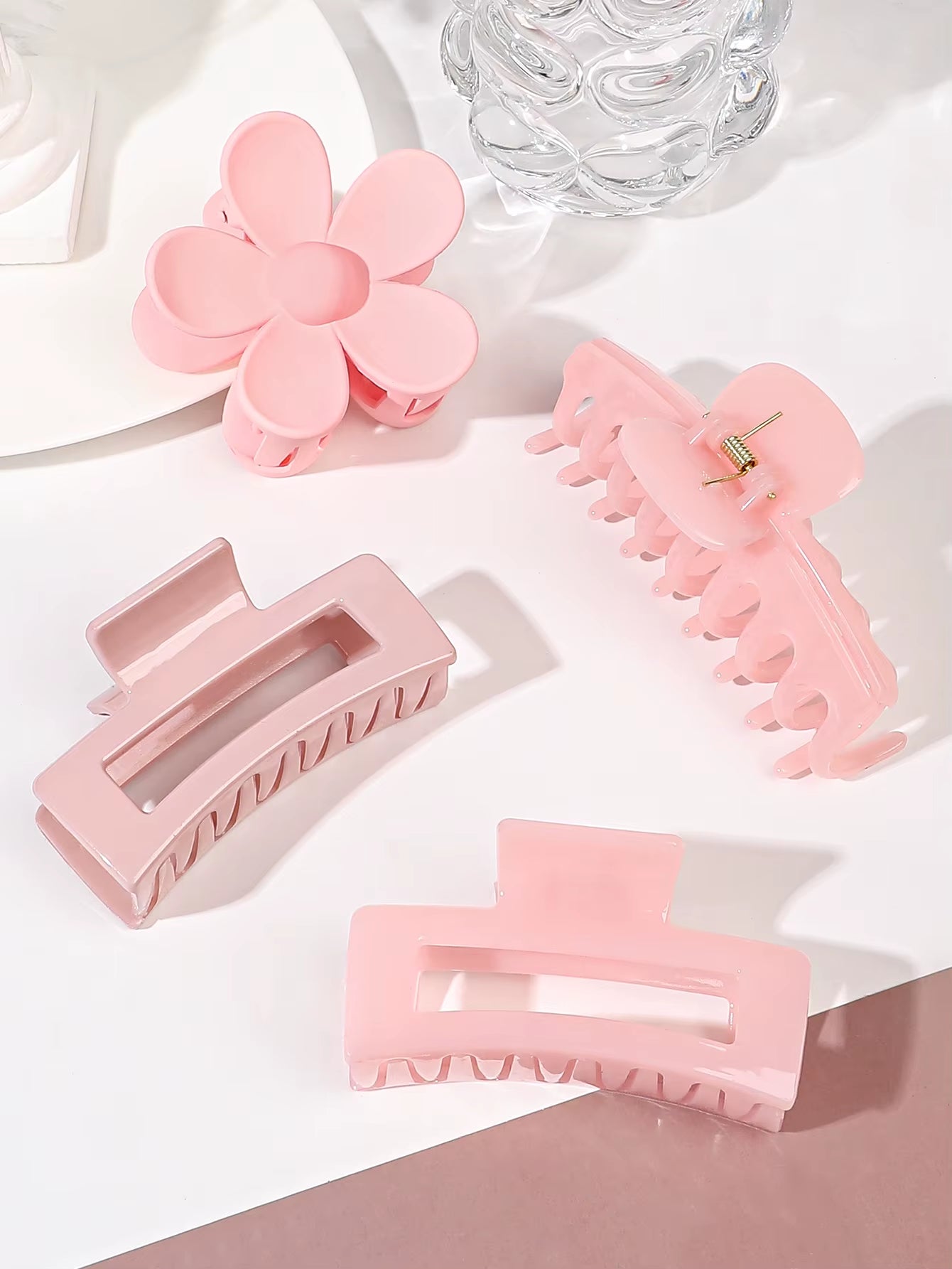 Set of 4 Pink Hair Claw Clips - Multi-Style Floral Design for Thick Hair, Non-Slip Accessories for Women