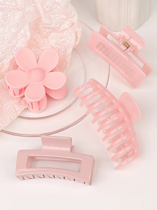 Set of 4 Pink Hair Claw Clips - Multi-Style Floral Design for Thick Hair, Non-Slip Accessories for Women