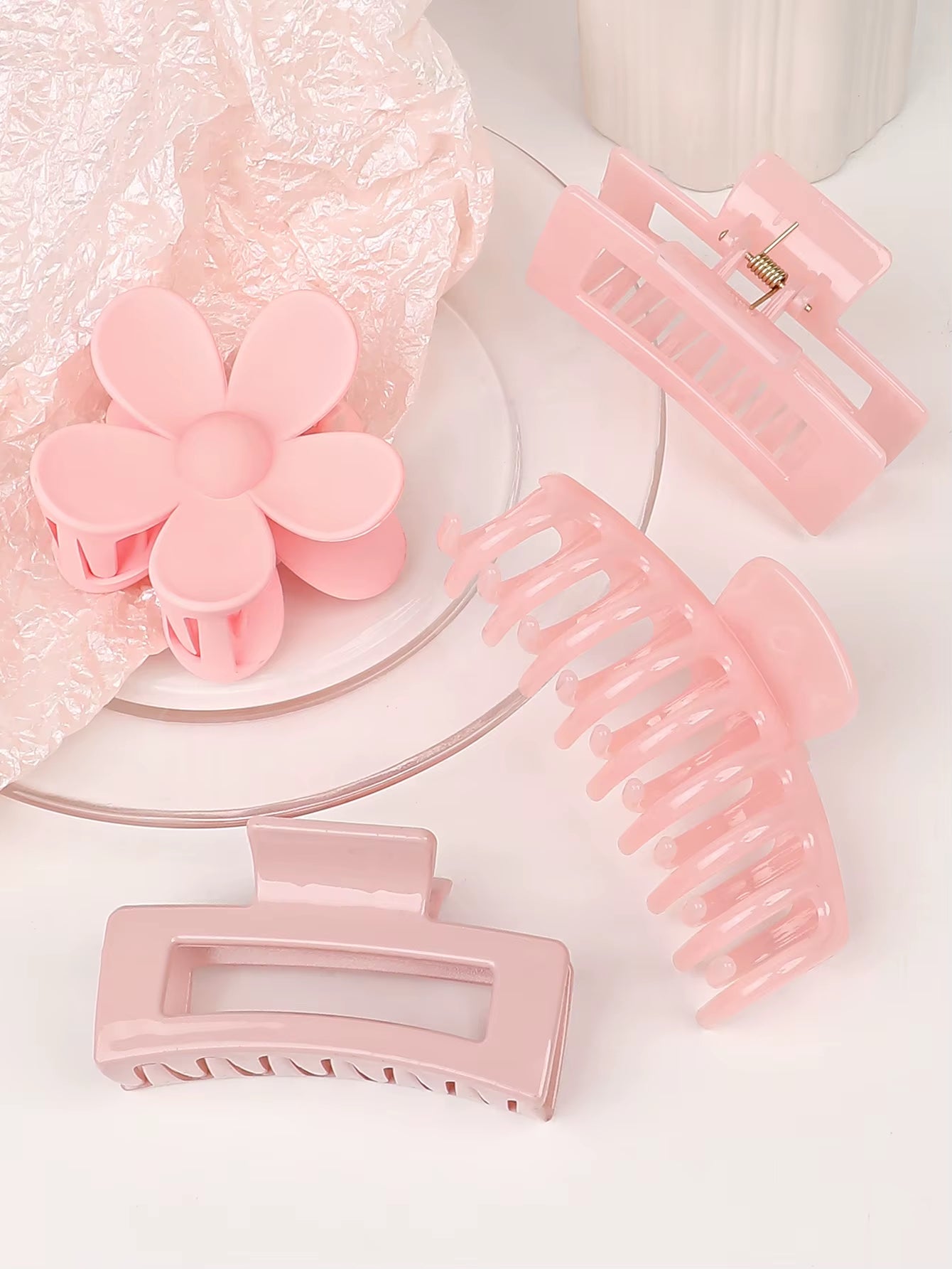 Set of 4 Pink Hair Claw Clips - Multi-Style Floral Design for Thick Hair, Non-Slip Accessories for Women